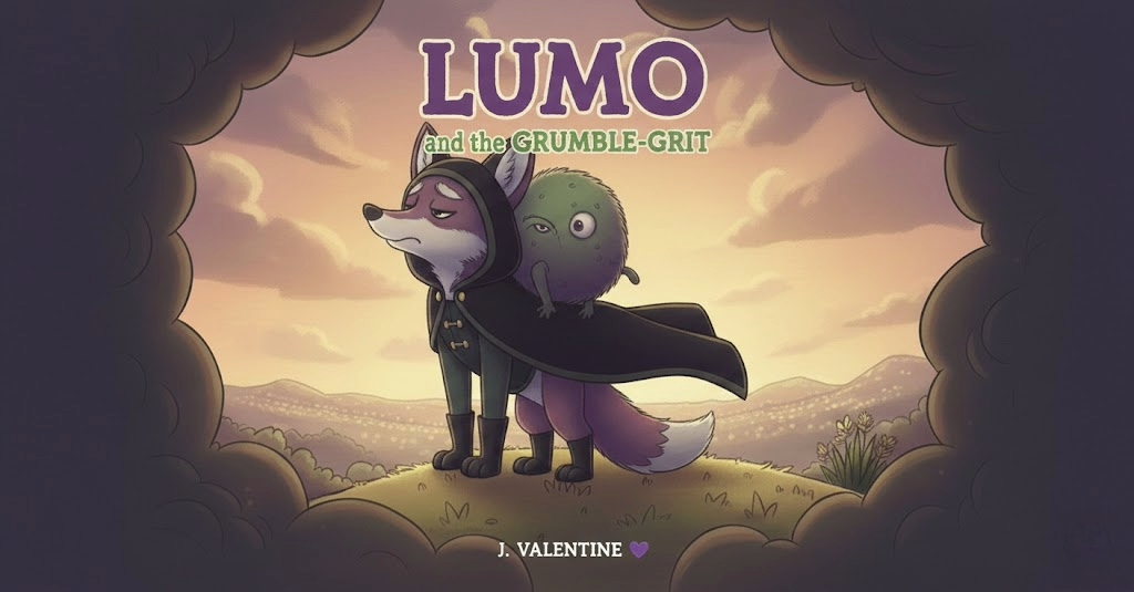 Lumo and the Grumble-Grit cover — purple fox with mossy Grumble-Grit on his back, standing on a hill at golden dusk